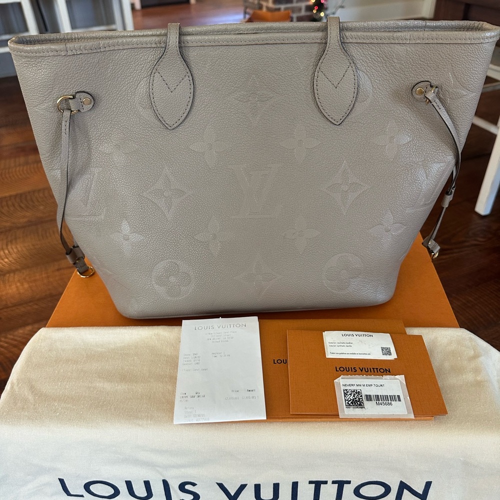 Louis Vuitton Neverfull MM Turtledove Monogram Empreinte with Pouchette.